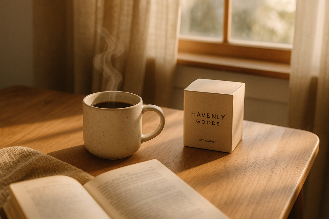Minimalist morning table with a steaming cup of coffee, a linen napkin, and soft natural light