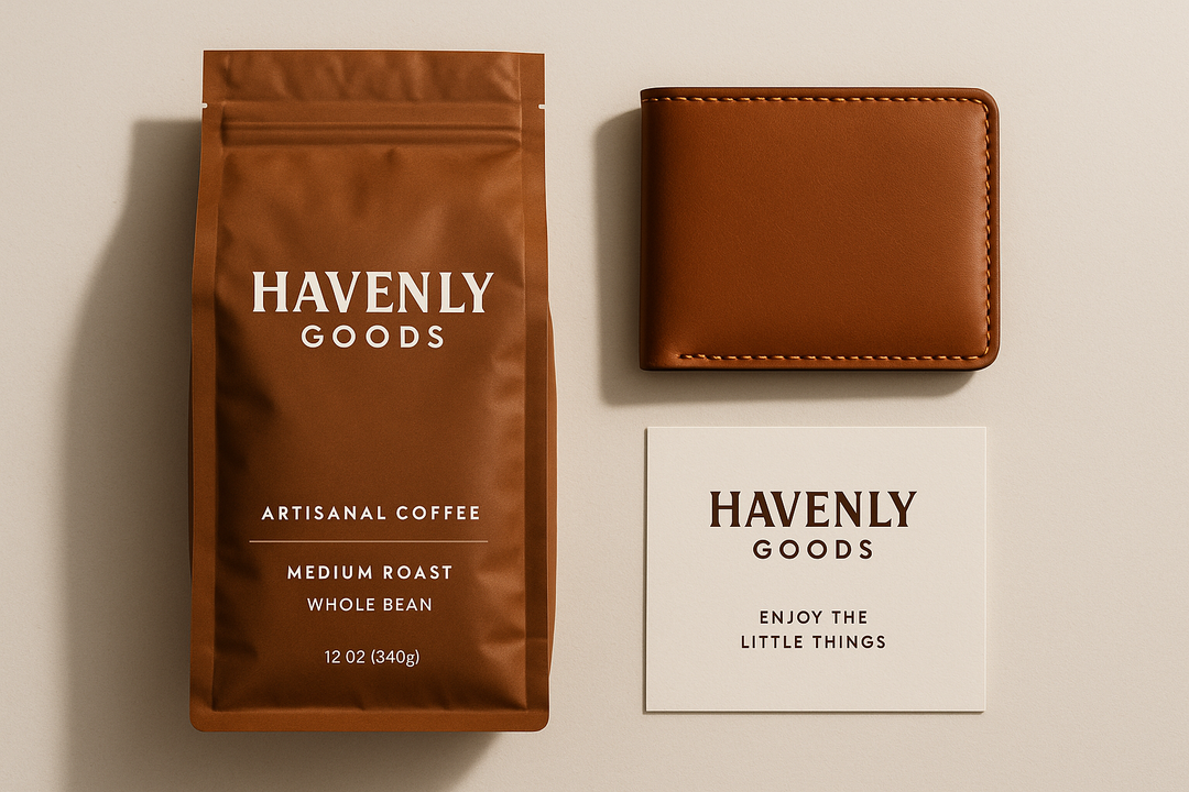 Flat lay of an ethical gift set featuring single-origin coffee, a leather card holder, and a handwritten note card