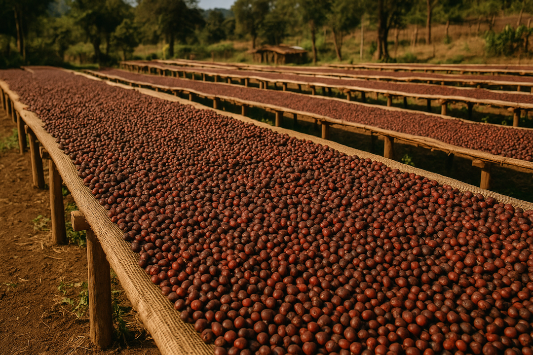 Hand-picked Ethiopian coffee cherries drying on raised beds in the sun during natural processing